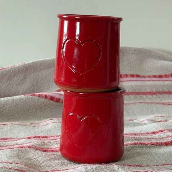 (2) La Fermière Yogurt Pots ~ Valentine Red & Hearts ❤️ -- Cleaned Rims! {lot 1} - Picture 2 of 6